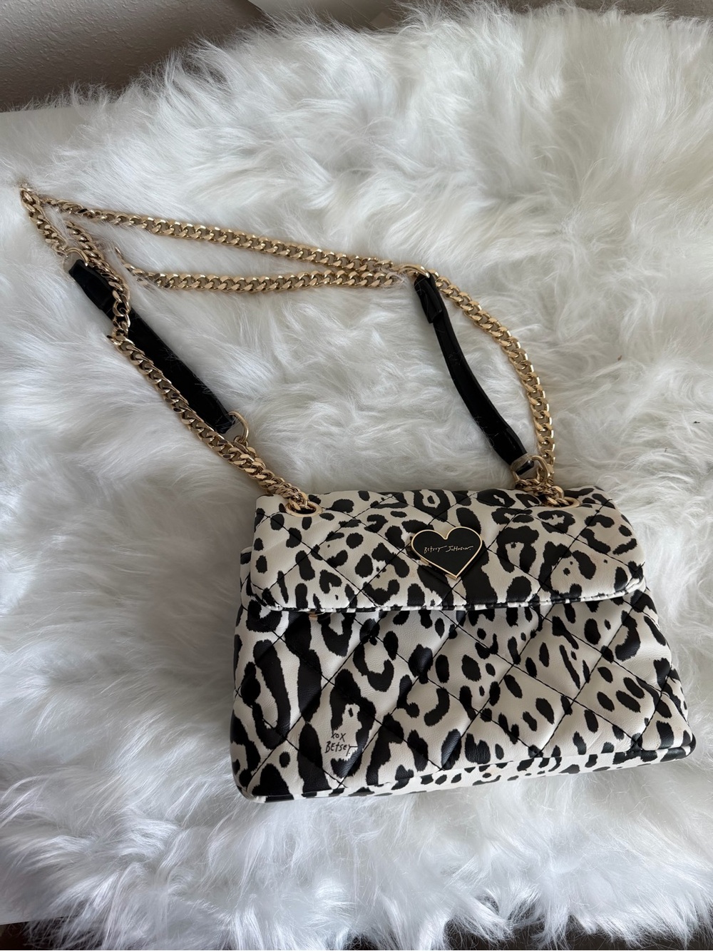 Betsey Johnson Black & White Leopard Quilted Crossbody with Gold Chain